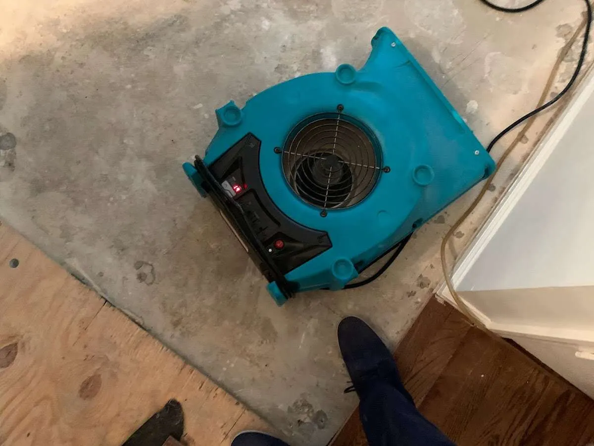 Air mover drying subfloor during Commercial Water Damage Restoration in Naples